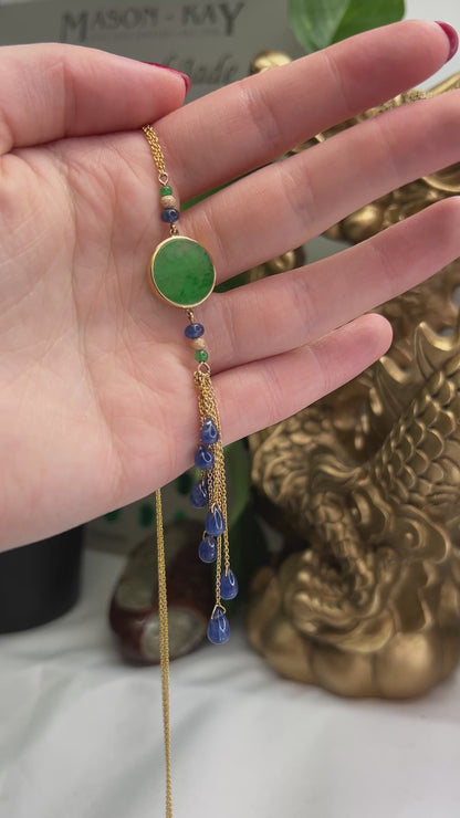 14K YELLOW GOLD GREEN JADEITE JADE TASSEL NECKLACE UPC #383203
