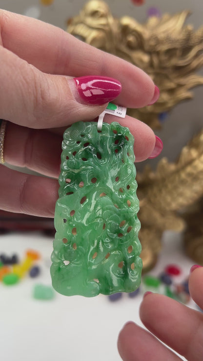 Green Jadeite Jade Loose Carving of Birds and Lingzhi Mushrooms | UPC #399815