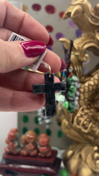 Grey Jadeite Jade Cross 14K Yellow Gold Pendant | UPC #401471