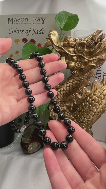 14K White Gold Black Nephrite Jade Bead Necklace | UPC #380073