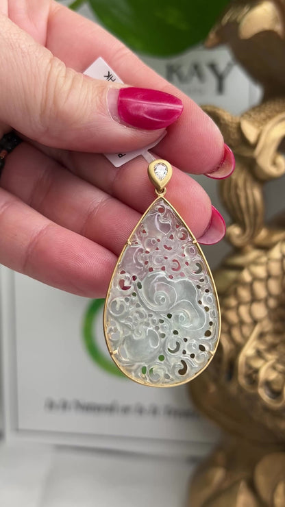 18K Yellow Gold Ice Jadeite Jade Carved Lingzhi Mushroom Pendant | UPC #392373