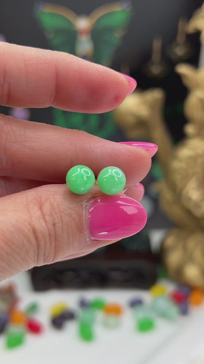 Green Jadeite Jade 7.5+MM Ball Stud 14K Yellow Gold Earrings | UPC #128804