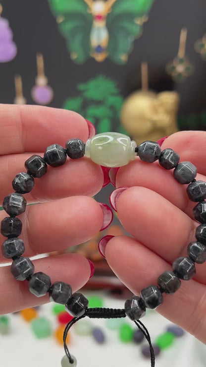 Grey and Green Jadeite Jade Adjustable Bead Bracelet for Men and Women | UPC #404434