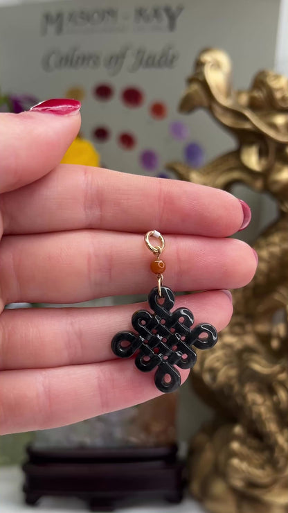 14K YELLOW GOLD GREY JADEITE JADE CARVED ENDLESS KNOT PENDANT UPC #391963