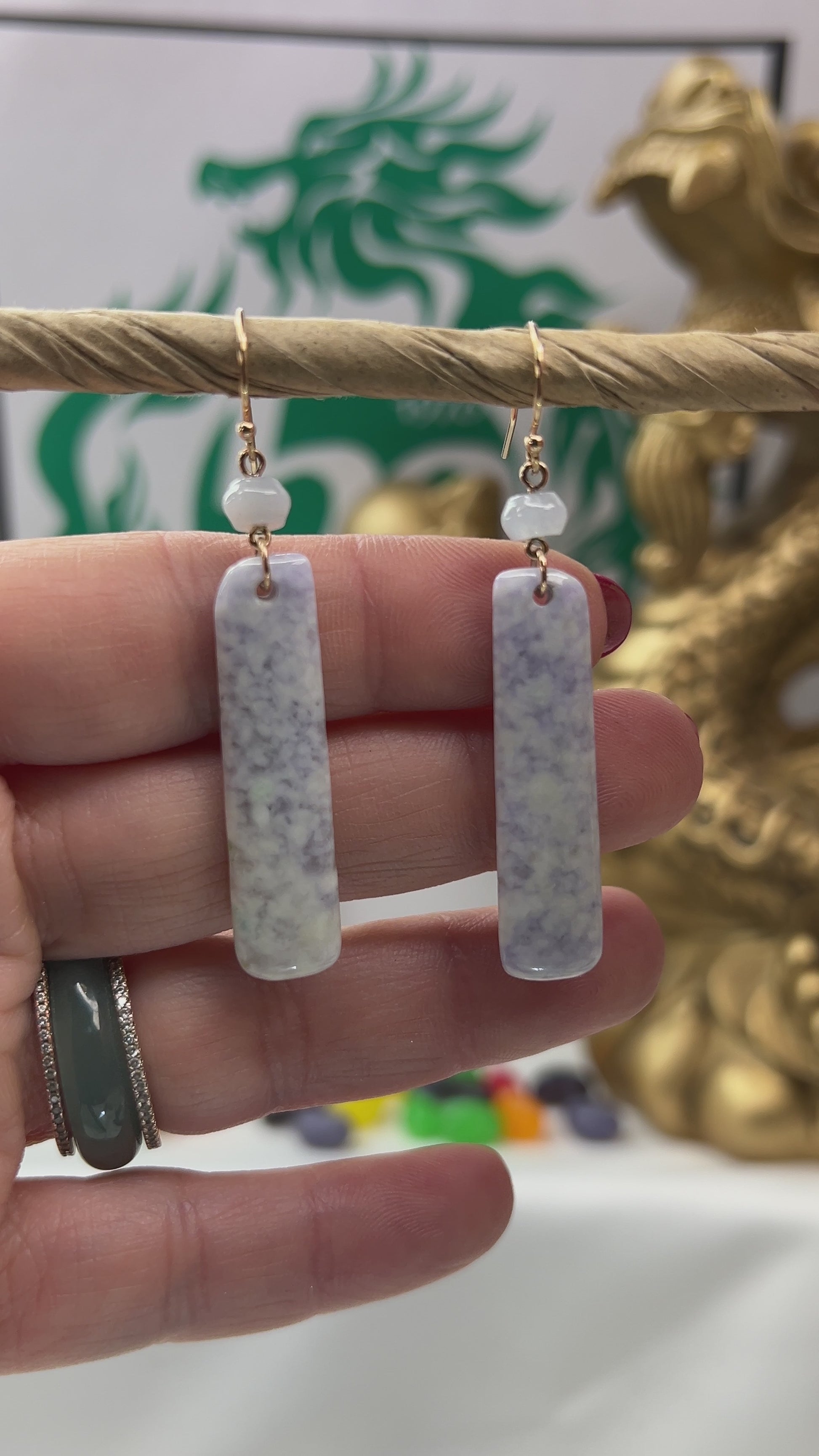 Lavender Guatemalan Jadeite Jade Drop 14K Yellow Gold Earrings Jade Jewelry