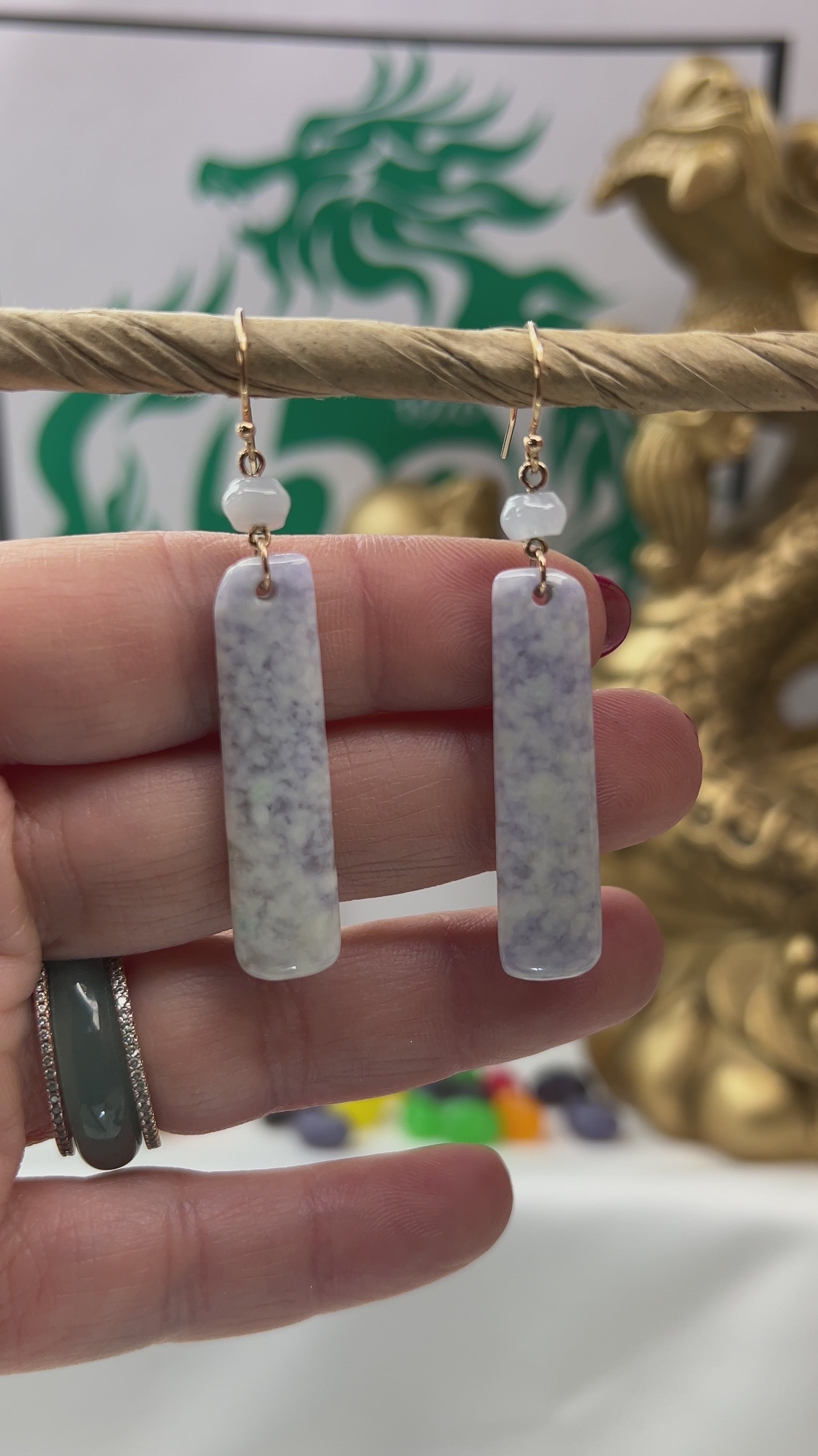Lavender Guatemalan Jadeite Jade Drop 14K Yellow Gold Earrings Jade Jewelry