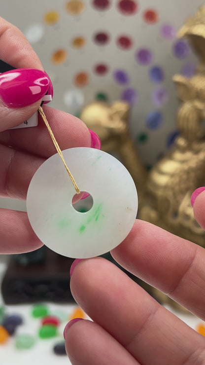White & Green Jadeite Jade Loose Flat Disc Pendant | White & Green Jade Donut | UPC #407084