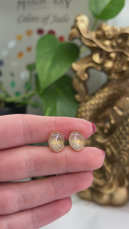 14K YELLOW GOLD ICE JADEITE JADE OVAL CABOCHON STUD EARRING UPC #362222