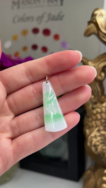 Green and White Jadeite Jade Carved Bamboo 14K Yellow Gold Pendant | UPC #045415