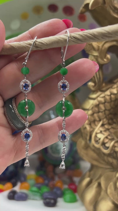Green Jadeite Jade and Sapphire 18K White Gold Earring UPC #332362