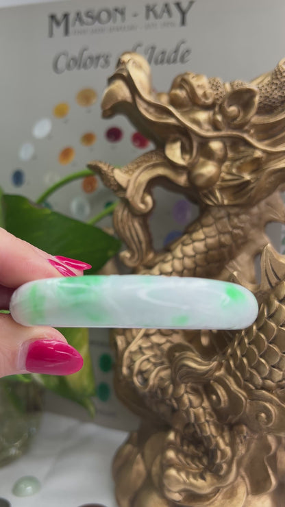 Green and White Half Round Carved Jadeite Jade Bangle 57.1mm| UPC #379046