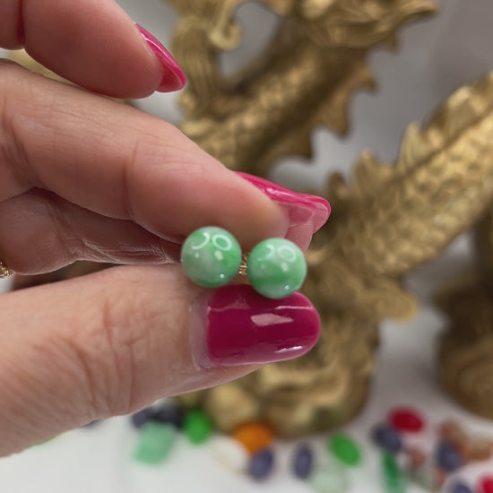 Green Jadeite Jade 8 mm Ball Stud 14K Yellow Gold Earrings jade jewelry