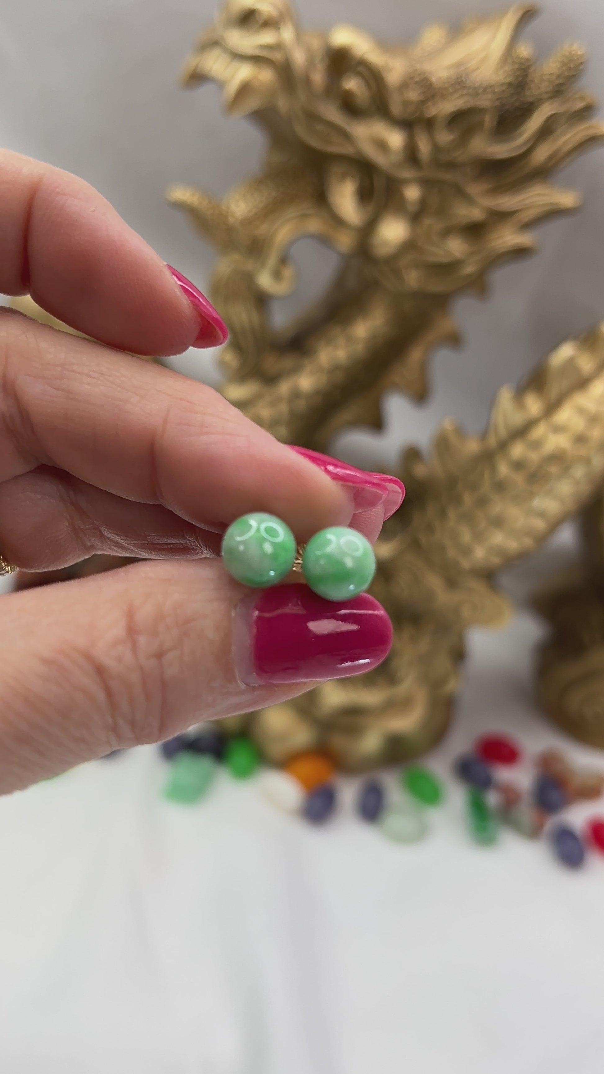Green Jadeite Jade 8 mm Ball Stud 14K Yellow Gold Earrings jade jewelry