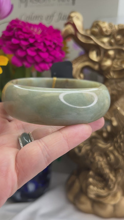 Yellow and Green Jadeite Jade Half Round Cuff Style Bangle 61.6MM | UPC #398344