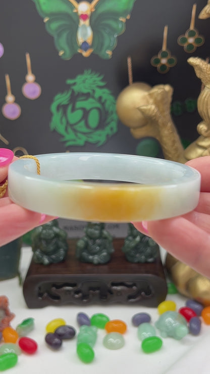 Green and Yellow Jadeite Jade Flat Bangle 61.2MM | UPC #405431