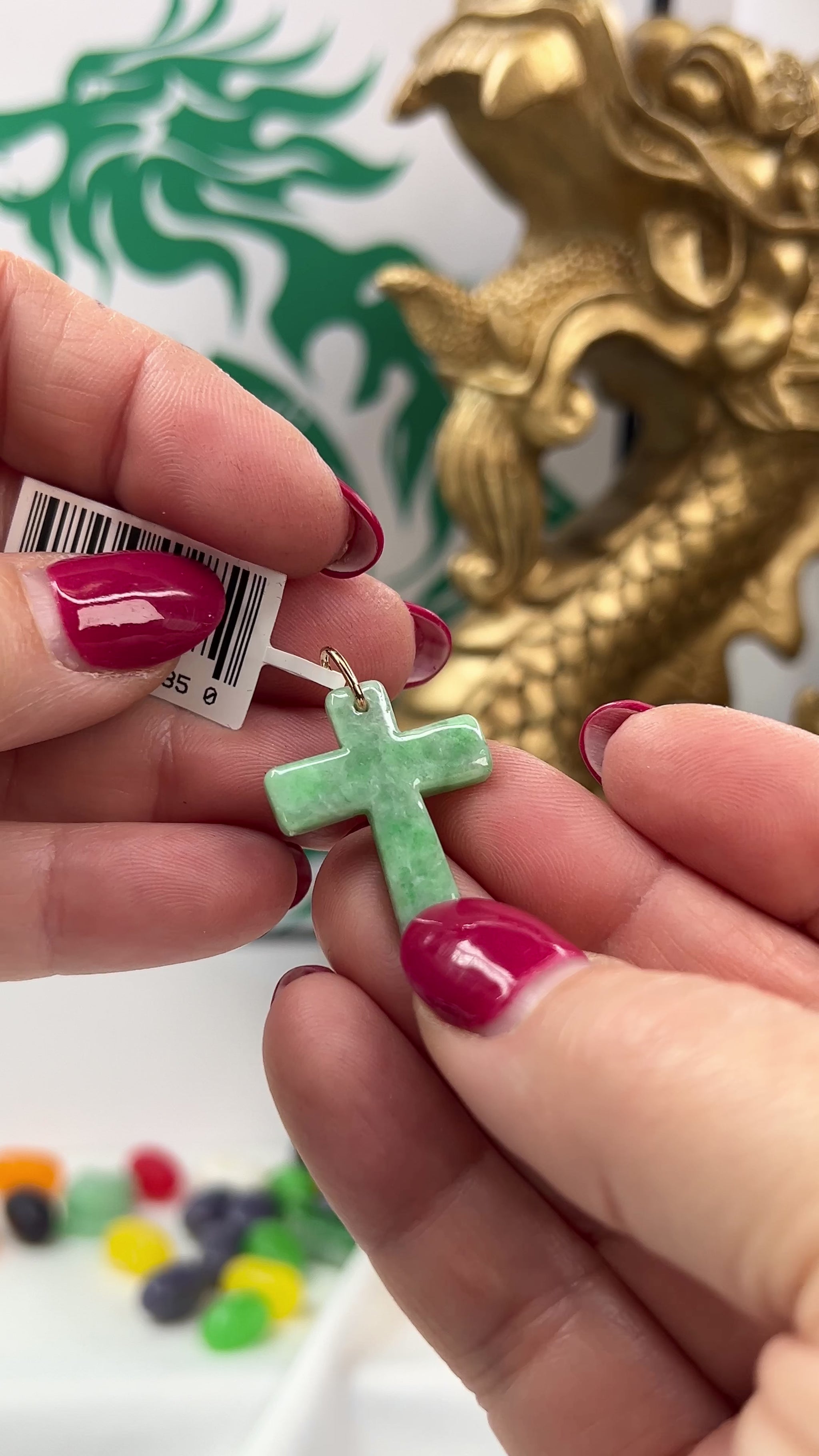 Green Jadeite Jade Cross 14K Yellow Gold Pendant jade jewelry