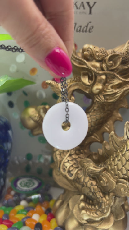 White Jadeite Jade Disc Necklace on Oxidized Steel Chain | UPC #399570