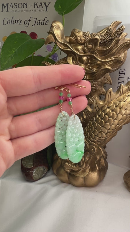 14K YELLOW GOLD GREEN JADEITE JADE CARVED DROP EARRING UPC #378643