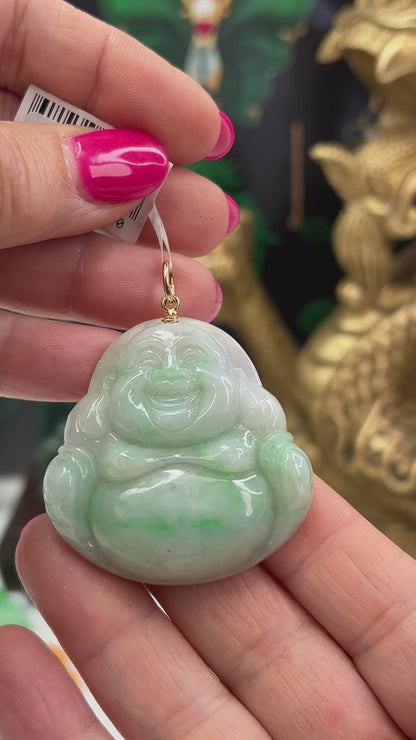 Large Green Jadeite Jade Carving 14K Yellow Gold  | Jade Buddha Pendant | UPC #071520