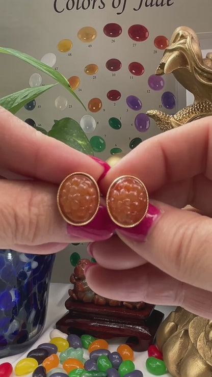 18K Yellow Gold Red Jadeite Jade Floral Carved Earrings | UPC #344402