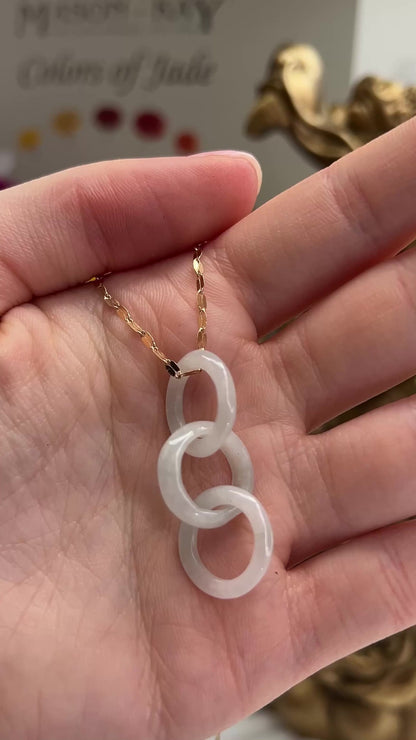 White Jadeite Jade Interlocking Triple Ring 14K Yellow Gold Necklace | UPC #398238