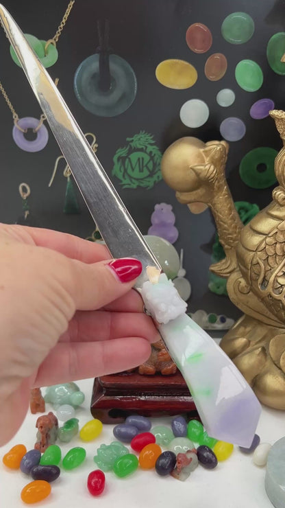 Green and Lavender Carved Jade Dragon Letter Opener | Jadeite Jade Home Decor | UPC #393493