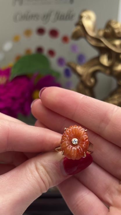 RED JADEITE JADE AND DIAMOND CARVED FLOWER 14K YELLOW GOLD RING UPC #391932