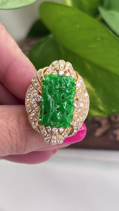 Estate 14K Yellow Gold Green Jadeite Jade Carved Ring with Diamonds | UPC #356856
