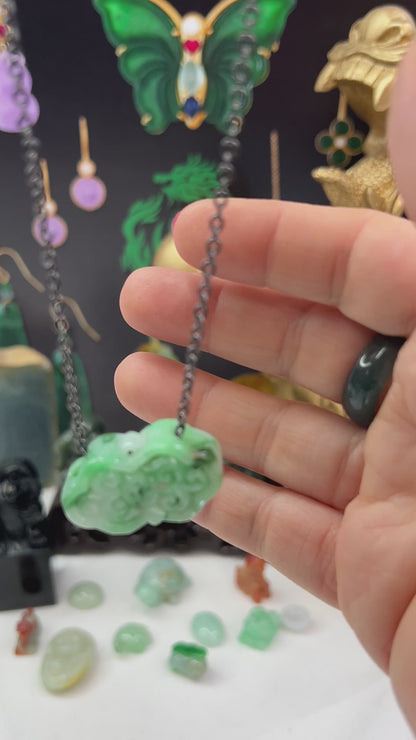Green Jadeite Jade Carved Freeform Slide on 20” Steel Chain Necklace | UPC #407428