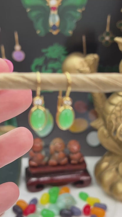 Green Jadeite Jade & Diamond Drop 18K Yellow Gold Earrings | UPC #402249