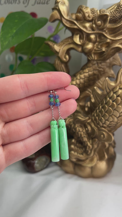 14K White Gold Green Jadeite Jade Fu Dog Carving Earrings with Genuine Sapphire | UPC #314429