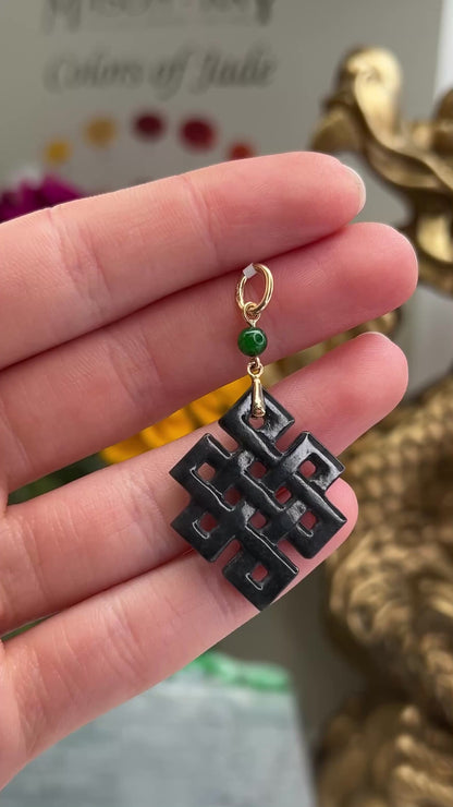 14K YELLOW GOLD GREY JADEITE JADE CARVED ENDLESS KNOT PENDANT UPC #395770