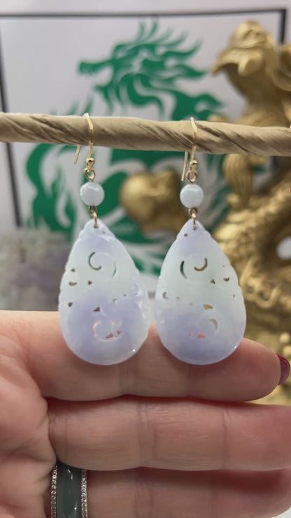 Lavender Jadeite Jade Carved Dragon Tear Drop 14K Yellow Gold Earring | UPC #402348