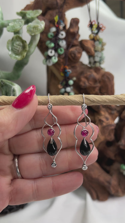 18K White Gold Nephrite Black Jade and Ruby Earrings | UPC #393653