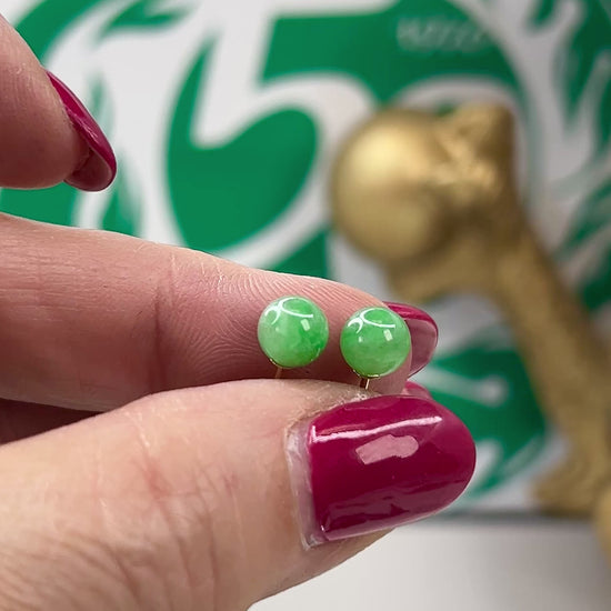 Green Jadeite Jade 6 5MM Ball Stud 14K Yellow Gold Earrings Jade Jewelry