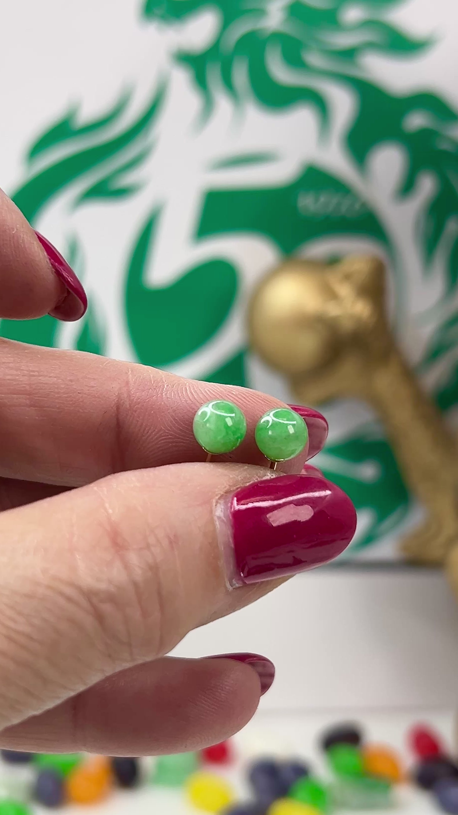 Green Jadeite Jade 6 5MM Ball Stud 14K Yellow Gold Earrings Jade Jewelry
