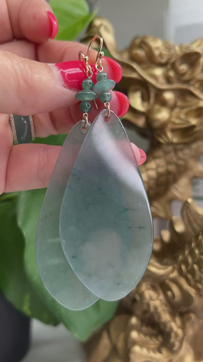 14K YELLOW GOLD GREEN JADEITE JADE TRANSLUCENT DROP EARRING UPC #396883