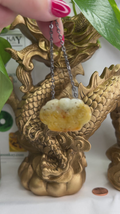Yellow Jadeite "Shou" Carving | Natural Yellow Jade Carved Pendant | UPC #393042