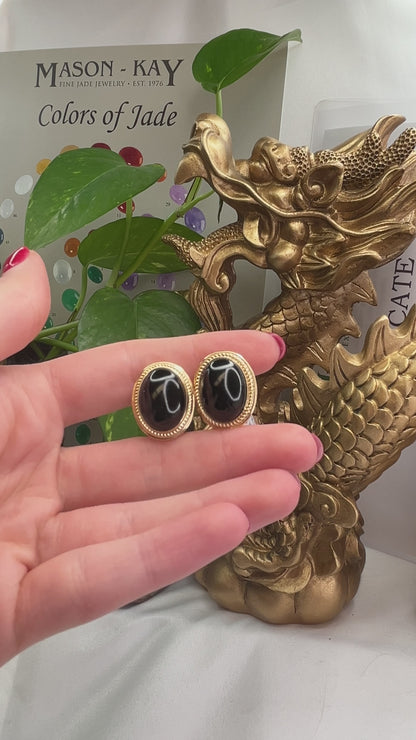 14K YELLOW GOLD BLACK NEPHRITE JADE OVAL EARRING UPC #305540