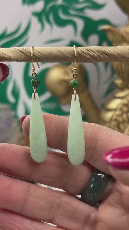 Green Jadeite Jade Tear Drop 14K Yellow Gold Earrings | UPC #401976