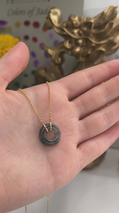 14K YELLOW GOLD GREY JADEITE JADE CIRCLE NECKLACE UPC #384057