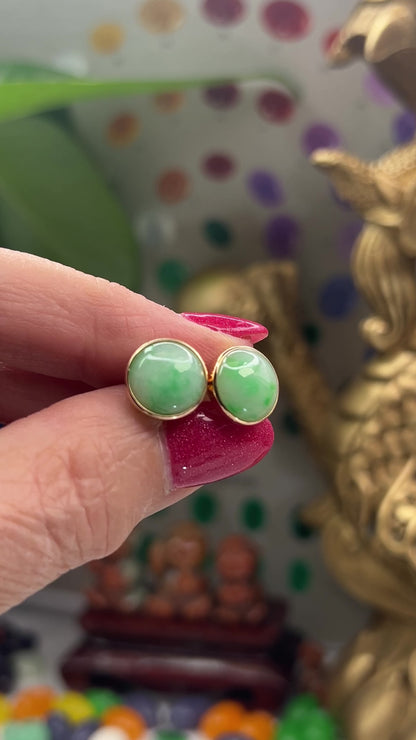 Green Jadeite Jade 14K Yellow Gold Stud Earring | UPC # 400436