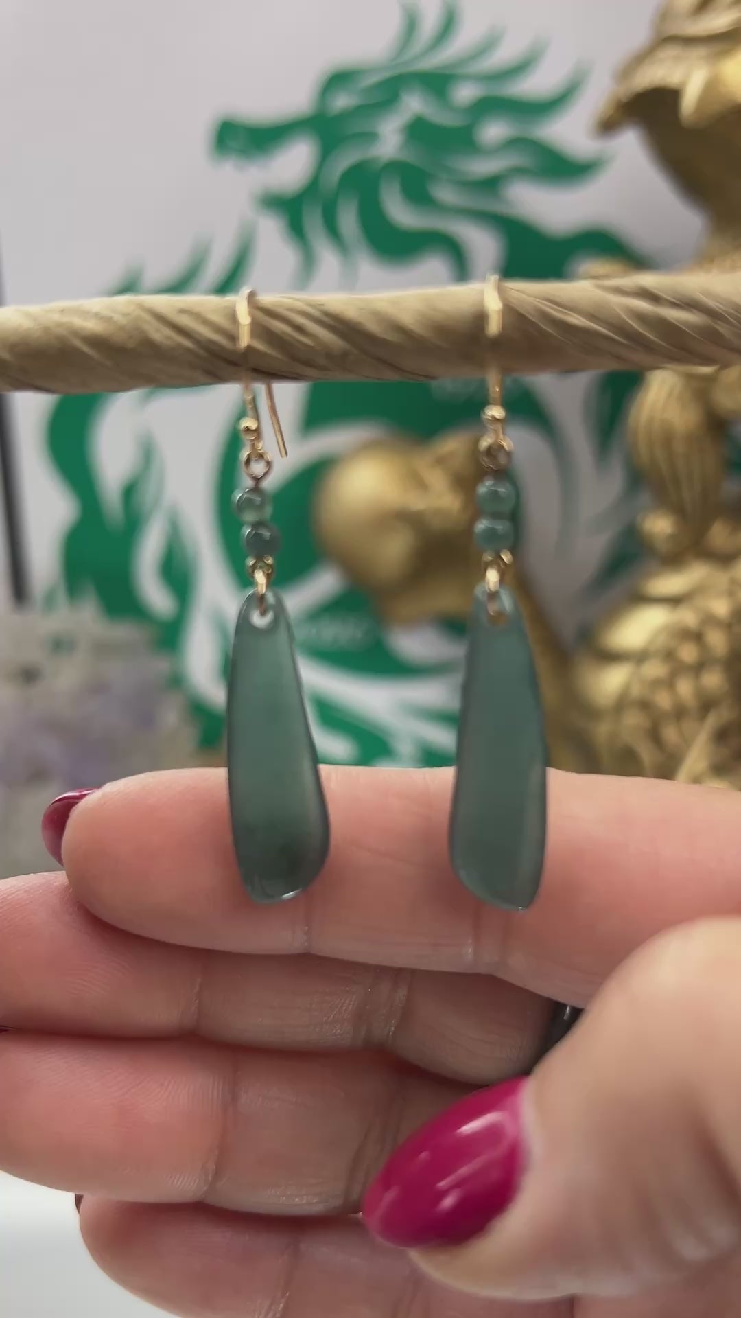 Blue Green Guatemalan Jadeite Jade Drop 14K Yellow Gold Earrings Jade Jewelry