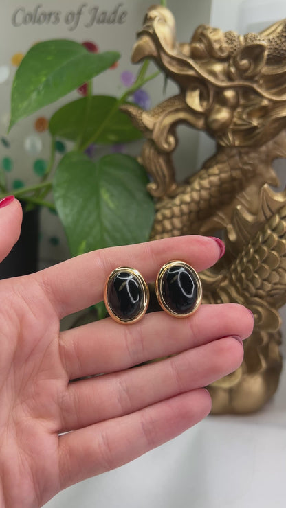 14K YELLOW GOLD BLACK NEPHRITE JADE EARRING UPC #322882