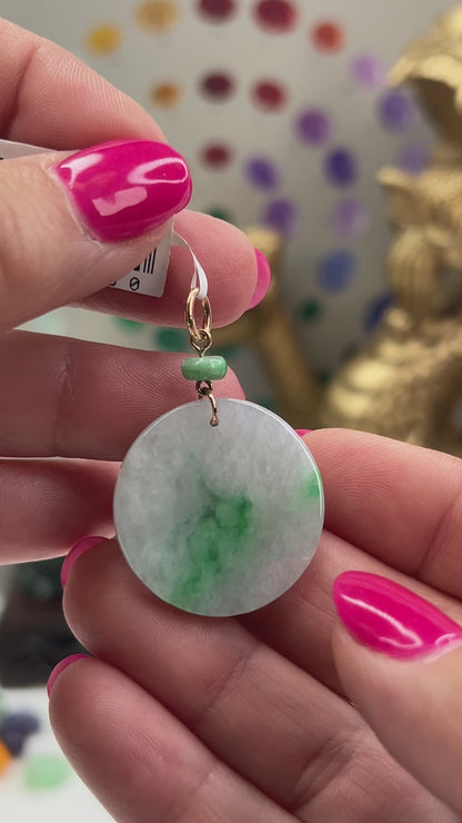 Green Jadeite Jade Flat Round Tablet 14K Yellow Gold Pendant | UPC #406650