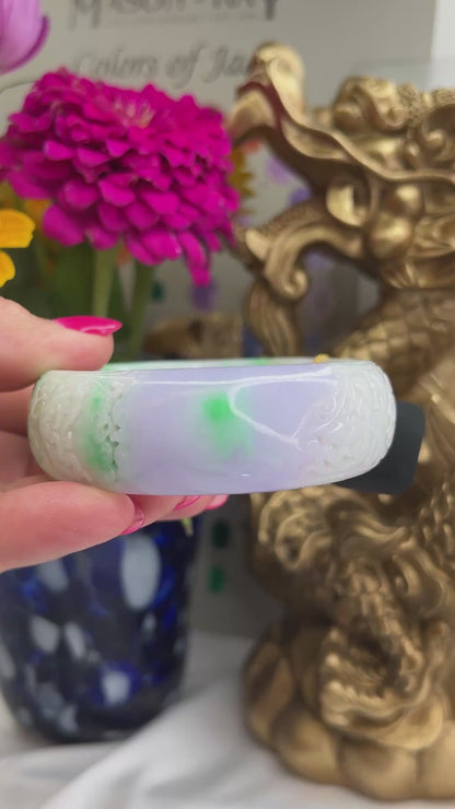 Green and Lavender Jadeite Jade Carved Half Round Cuff Style Bangle 59MM | UPC #281868