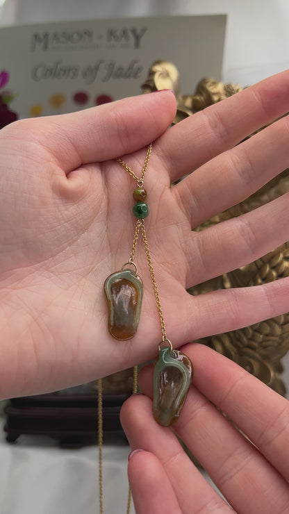 14K Yellow Gold Green and Red Jadeite Jade Flip Flop Necklace | UPC #354630