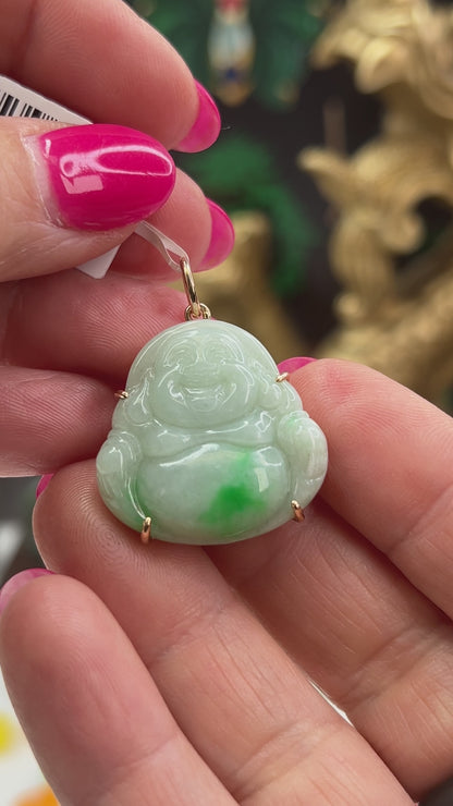 14K Yellow Gold Green Jadeite Jade Carving | Jade Buddha Pendant | UPC #406278