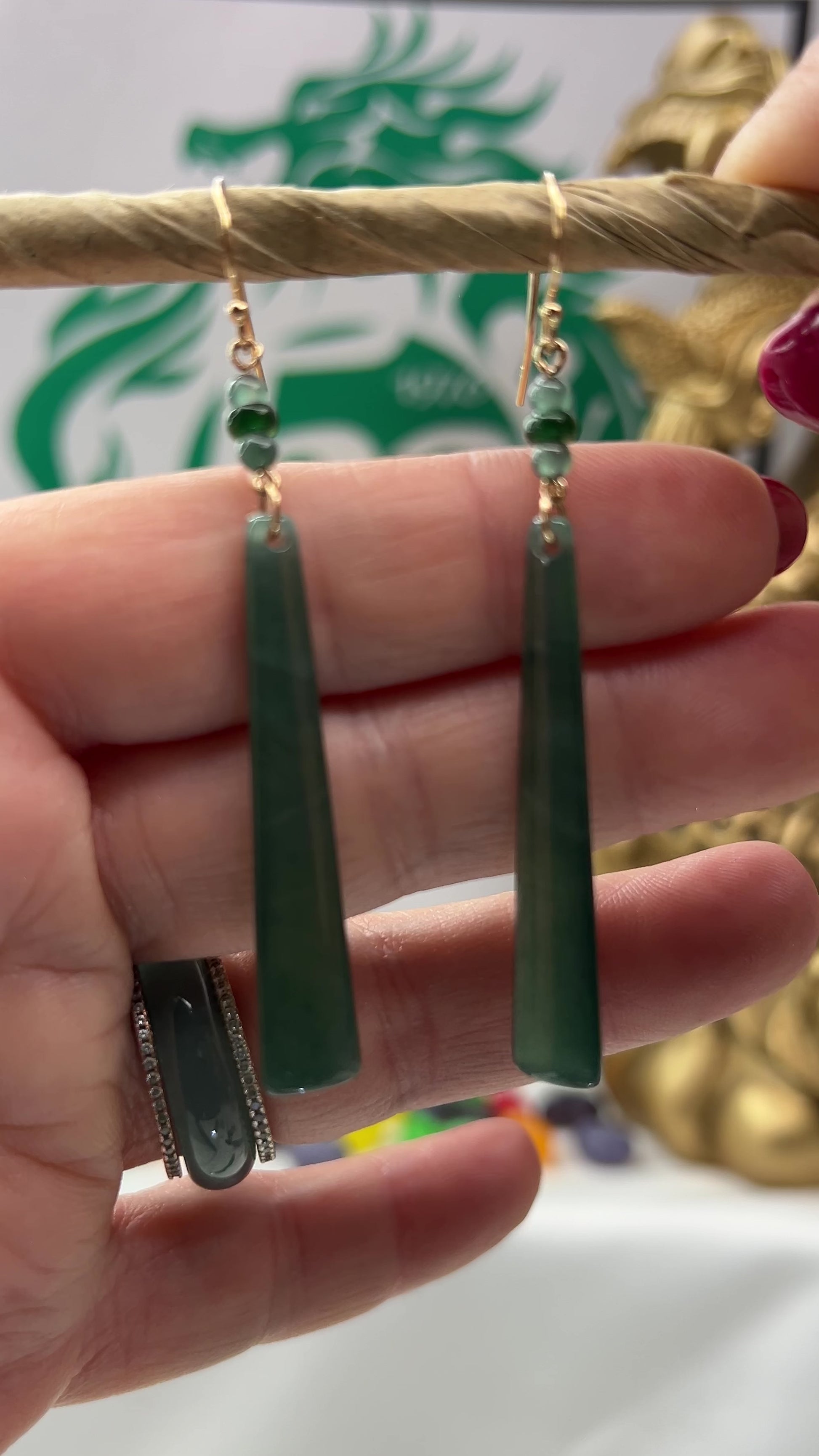 Blue Green Jadeite Jade Drop 14K Yellow Gold Earrings Jade Jewelry