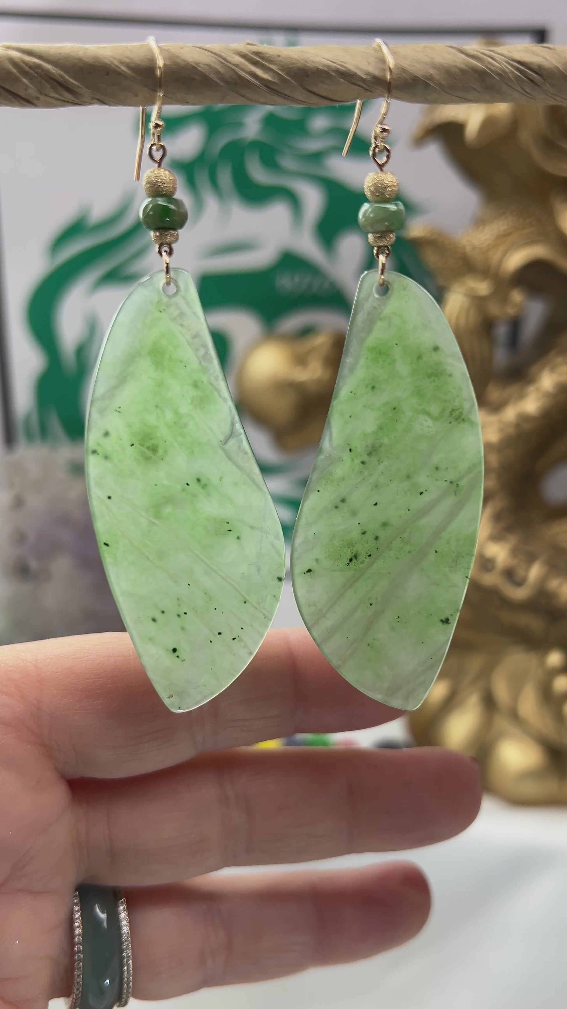 Green Nephrite Jade 14K Yellow Gold Drop Earring Jade Jewelry